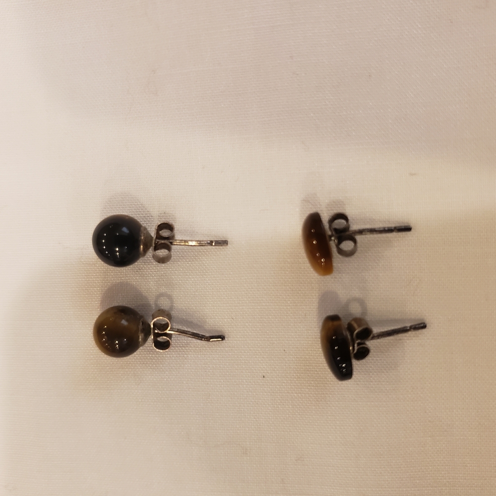 2 Pairs- Tiger's Eye Brown Stud Earrings- Round & Oval - Picture 4 of 4